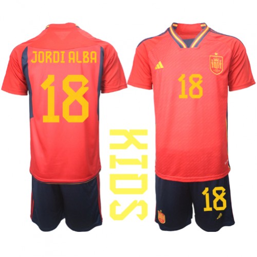 Fotbalové Dres Španělsko Jordi Alba #18 Dětské Domácí MS 2022 Krátký Rukáv (+ trenýrky)